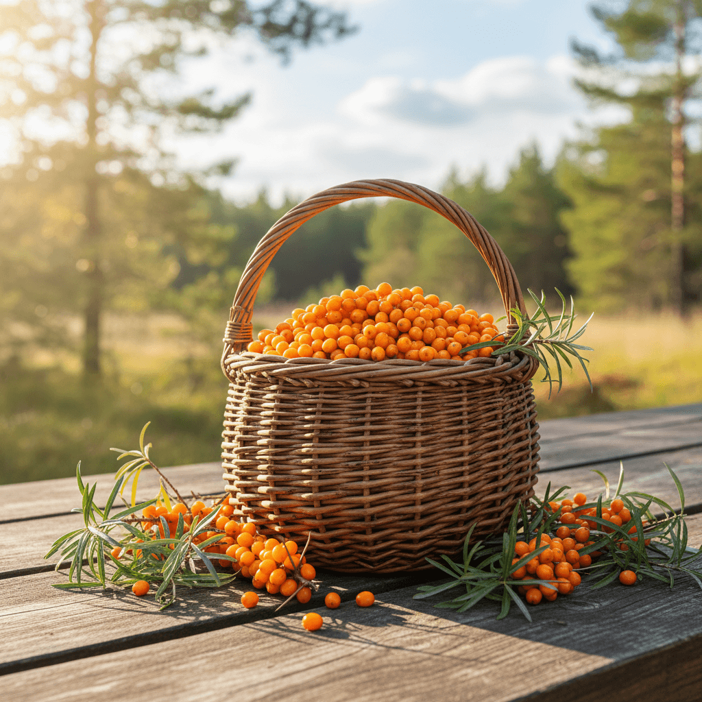 Havtorn i en korg på bordet som står ute i naturen